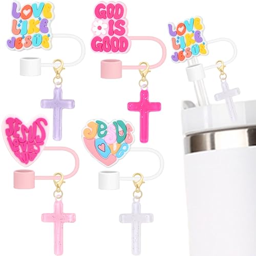 Pink Straw Toppers Set - Silicone Covers with Cross Charms for Stanley Tumblers