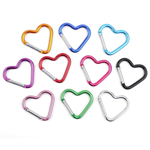 10-Pack Heart Shaped Carabiners - Durable Aluminium Clips for Keys & Hiking