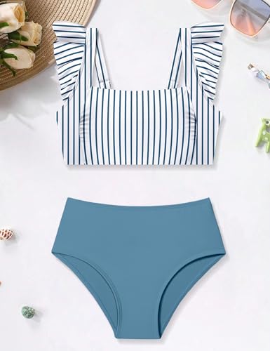 Girls 2-Piece Swimsuit Set - Square Neck Ruffle Trim Bikini - Stripe & Blue, 15-16 Years
