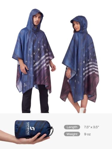 SaphiRose American Flag Hooded Waterproof Rain Poncho for Men & Women - Outdoor Jacket