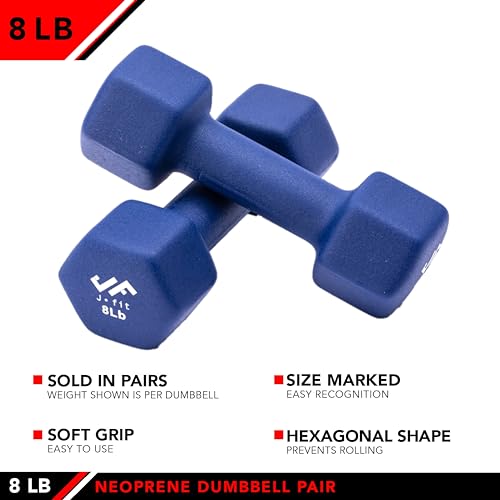 JFIT 8 lb Dumbbell Pair – Neoprene & Vinyl Coated Free Weights for Home Gym