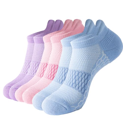 Ankle Running Socks for Women - Athletic Wicking Cushioned - Medium Pink/Purple/Blue