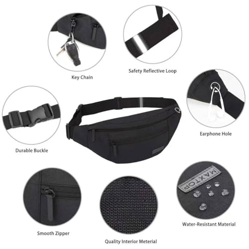 Crossbody Fanny Pack for Men & Women - Black, 4 Zipper Pockets