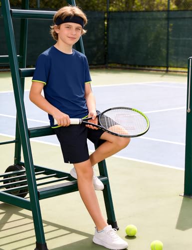 Boys Athletic Shirt - Moisture Wicking Short Sleeve Tee, 7-8 Years / Navy