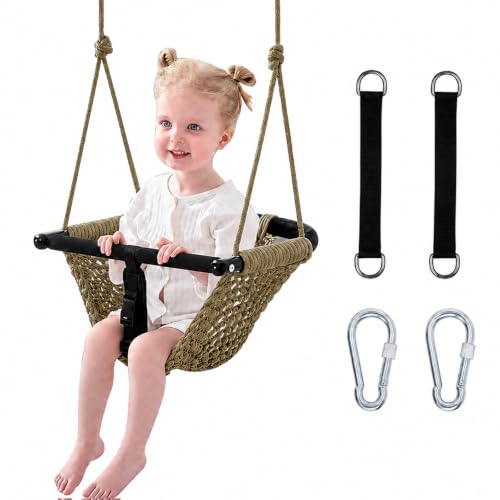 Kids Indoor & Outdoor Hand-Made Khaki Net Swing Seat with Adjustable Rope - Child Playground Swing
