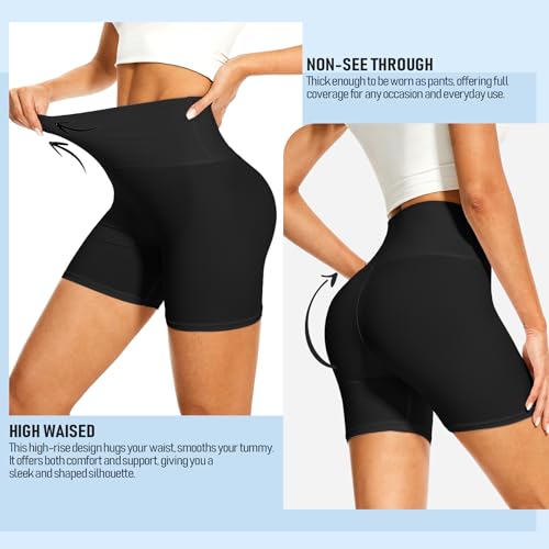 High Waisted Buttery Soft Biker Shorts for Women - Tummy Control, 5" - Large/X-Large - Black