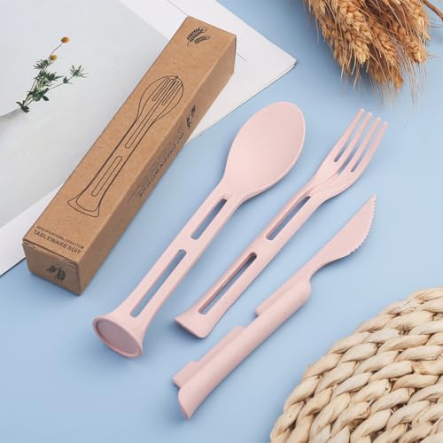 3-Piece Reusable Wheat Straw Cutlery Set with Case - Pink