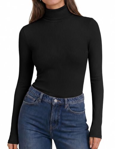 Womens Turtleneck Ribbed Long Sleeve Shirt - Medium Black