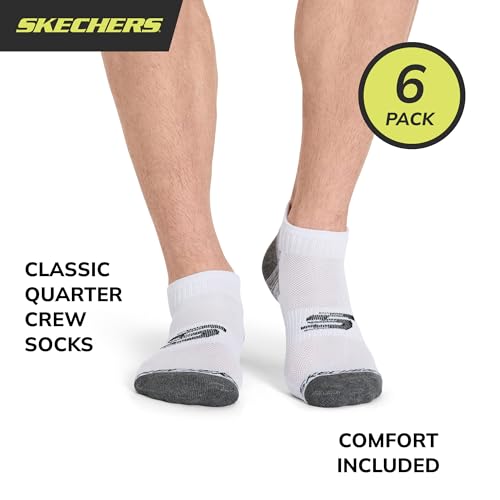Skechers Men's 6 Pack Quarter Crew Socks White/Grey 10-13 - Athletic Comfort
