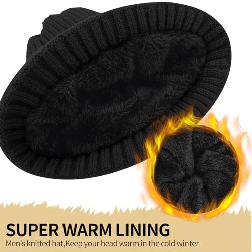 Winter Beanie Hat - Thermal Fleece Lined Knit Cap - Black