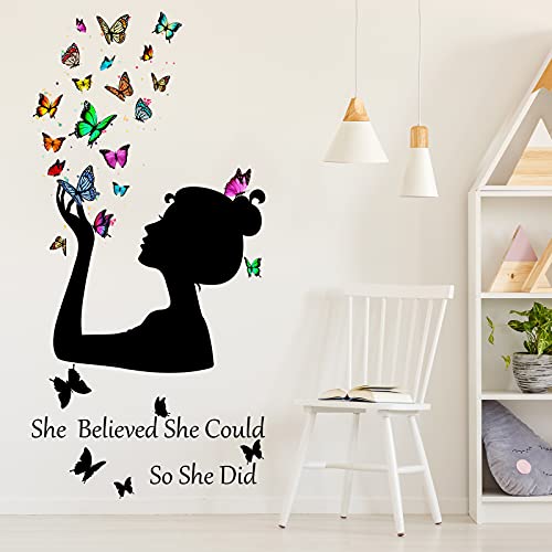 Chinco Inspirational Quote Wall Decals Butterfly She Believed She Could So Did Wall Stickers Positive Sayings Vinyl Stickers for Women Graduation Back to School Bedroom Living Room Office Classroom