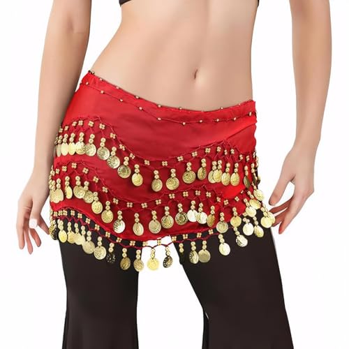 Red Belly Dance Hip Scarf with Gold Coins - 59 Inches