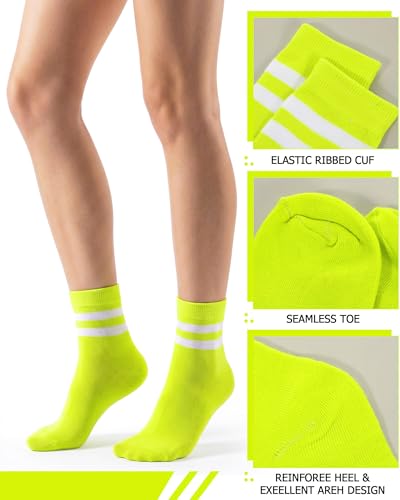 Unisex Athletic Crew Stripe Socks - Fluorescent Yellow & White (2 Pairs)