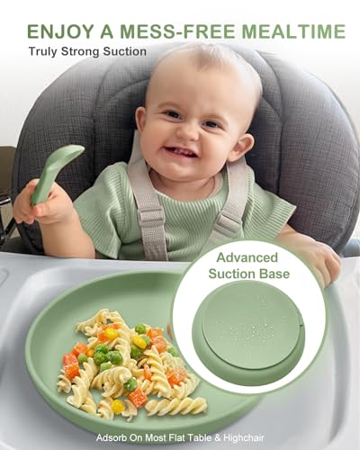 Baby Silicone Suction Plates 3-Pack 7.1 inch, Qyeejong Toddler Dishes – Cappuccino, Moonlit Ocean, Sage Green