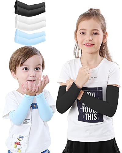 Kids UV Sun Protection Arm Sleeves - Medium, 3 Pairs: Black + White + Blue