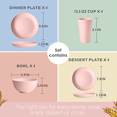Teivio Pink 16-Piece Wheat Straw Dinnerware Set for Kids & Outdoor Camping