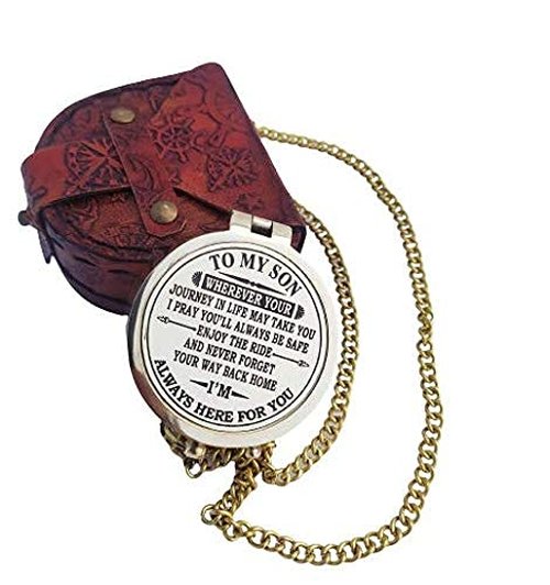 THE ANTIQUE HOUSE Shiny Brass Compass with Leather Case Gift for Son