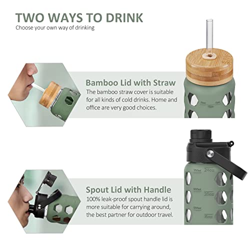 MUKOKO 24oz Glass Water Bottle with Olive Silicone Sleeve & Dual Lids