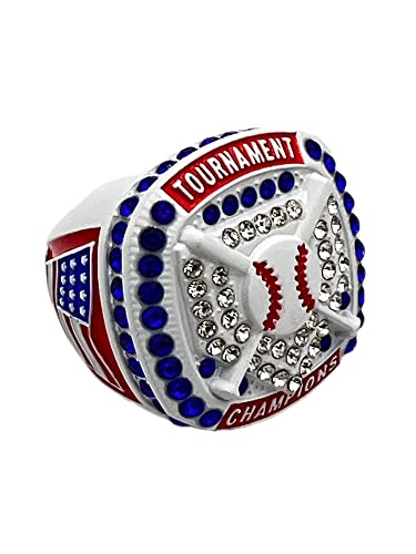 Tournament Champion Softball Baseball Ring - White Body, Blue Stones, Red Sides