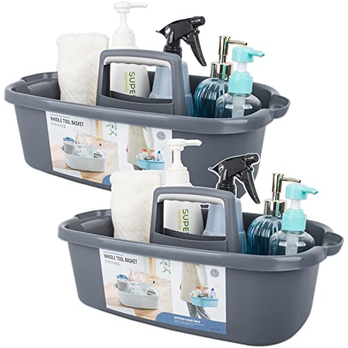 Large Cleaning Supplies Caddy Portable Shower Basket Supply Organizer with Handle Plastic Bucket Tool Storage for Bathroom, Bedroom, Kitchen, College Dorm, Garden, Dark Gray 2 Pack