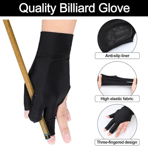 3-Finger Billiard Pool Gloves - Left Hand, 8 Pcs, Black