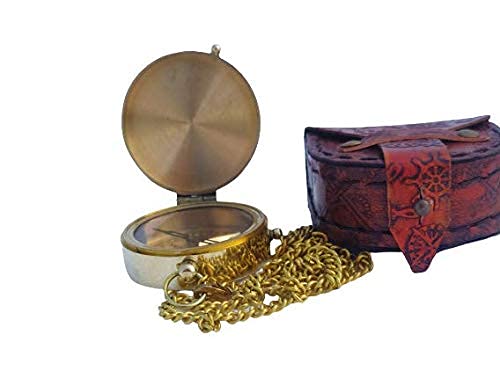 THE ANTIQUE HOUSE Shiny Brass Compass with Leather Case Gift for Son