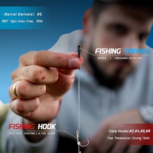 Vipfish 24 Pack Pre-Tied Carp Rigs with Sharp Hooks, Swivel & PE Line – #2, Ready-to-Fish