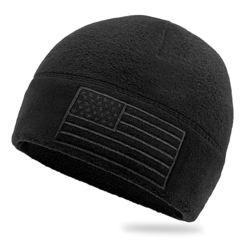 American Flag Tactical Fleece Beanie - Warm Winter Watch Cap - Black