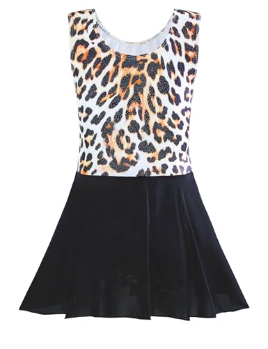 TENVDA Girl Leopard Ballet Leotard with Skirt - Sparkly Sleeveless Dance Outfit, 8-9 Years