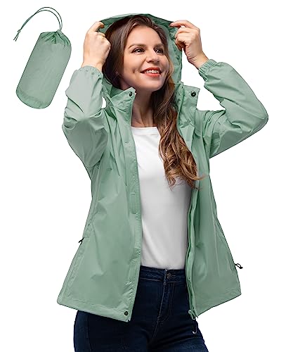 33,000ft Women’s Waterproof Rain Jacket - Lightweight Packable, Med, Light Green