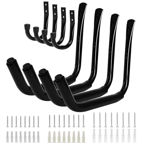 KURUI Heavy Duty Kayak Storage Rack, 100 LB (15") Wall Mount Hooks for Hanging Indoor/Outdoor, 8 Pack Large Garage Hooks for Ladder Kayaks Surfboards, Black Organization Hangers, Kayak Accessories
