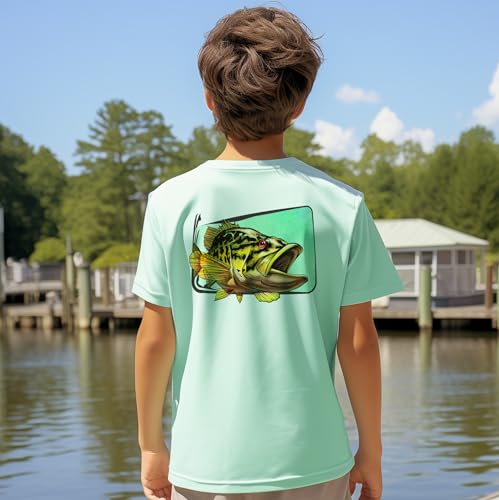 Palmyth Boys Fishing Shirt UPF 50+ Short Sleeve Youth Performance T-Shirt Large Seafoam Smallmouth Bass