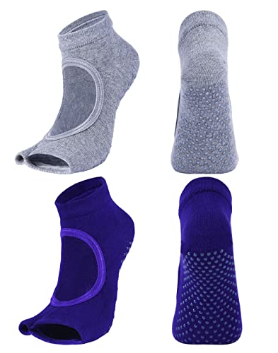 Toeless Pilates Socks for Women - 2 Pairs, Gray & Purple, US 5-9.5