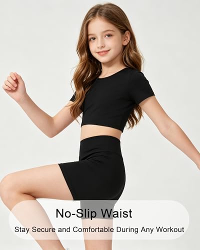 High Waisted Girls Athletic Shorts - Black, 9-10 Years