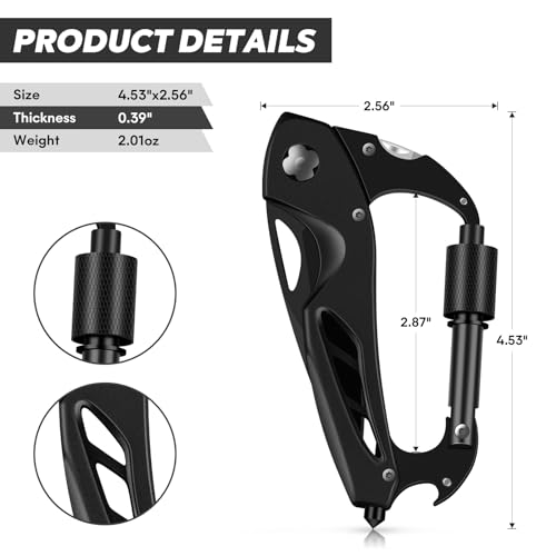Multitool Carabiner with Pocket Knife - Black 6-in-1 Survival Gear
