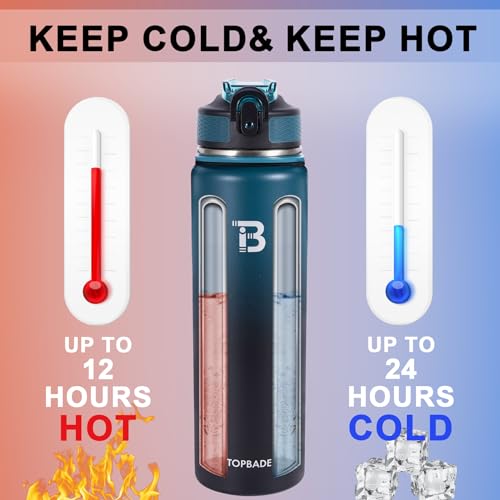 32oz Insulated Water Bottle with Straw & Spout Lids - Blue Black - Double Wall Stainless Steel for Gym Outdoor