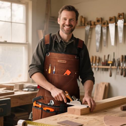 WELKINLAND 11-Pockets Waxed-Canvas Tool Apron, Heavy-Duty Carpenter Apron, Comfy Woodworking Apron, Convenient Workshop Apron, Fully-Adjustable Shop Aprons For Men, Well-Padded Work Aprons For Men