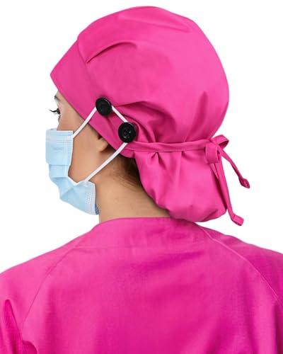 Satin Lined Scrub Cap for Women with Ponytail Button Closure - Pink (Hachapy)