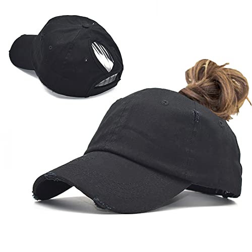 Distressed Ponytail Baseball Cap - Adjustable Cotton Hat - Black