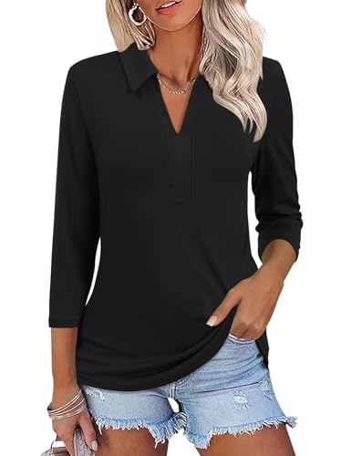 Women's 3/4 Sleeve V-Neck Collared Polo Shirt - Summer Business Casual Top - Black XL