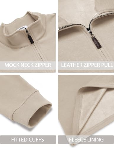 COOFANDY Mens Quarter Zip Fleece-Lined Mock Neck Sweatshirt Large Light Khaki