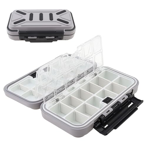 Fishing Tackle Storage Box - Double Sided Waterproof with 16 Compartments - Gray