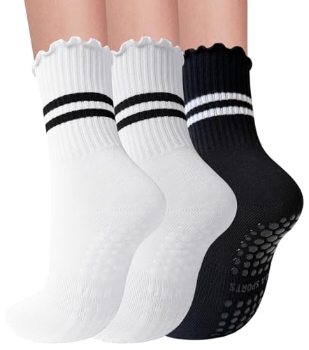 Pilates Socks with Grips - 3 Pairs Non-Slip Ruffle Ankle - White/Black