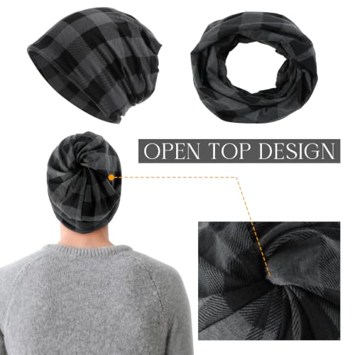 Plaid Slouchy Beanie for Men - Cotton Stretch Skull Cap