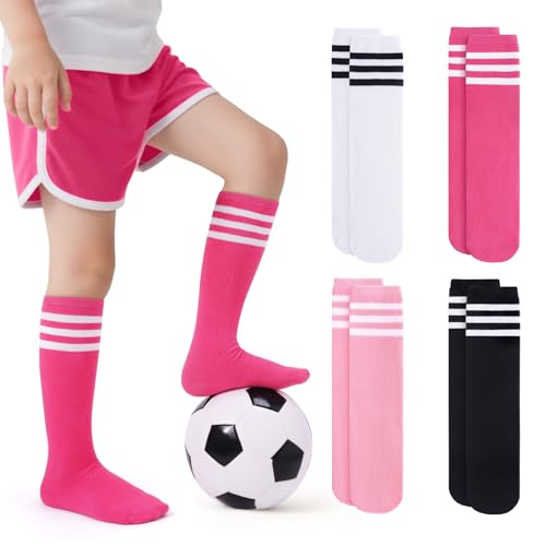 Kids Soccer Socks - 4 Pairs Knee High Athletic Socks - Black/Pink/White/Rose