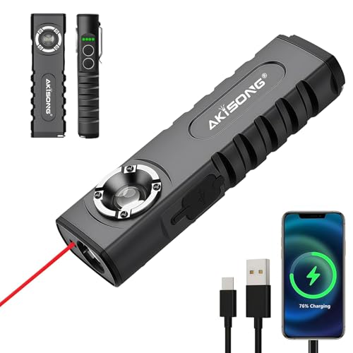 Rechargeable EDC Magnetic Flashlight, Red Laser Combo & Dimmable & USB Output, 370lm Triple Sources Mini Flat Work light with Clip & Hook, Portable Pocket Small LED Flash Lights for Emergency Camping