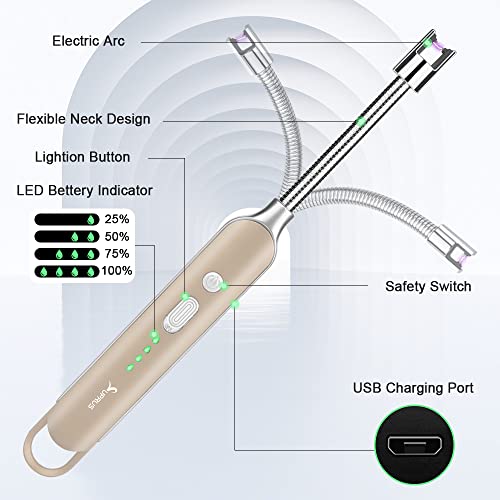 SUPRUS Electric Rechargeable Arc Lighter with LED Battery Display — Gold, 3 Packs, 360° Bendable Neck