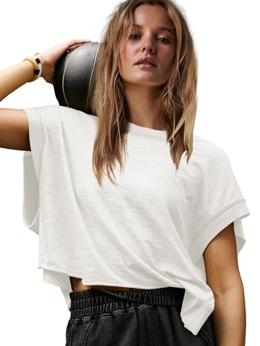 Open Back Workout Top for Women - Oversized Short Sleeve Crop Tee