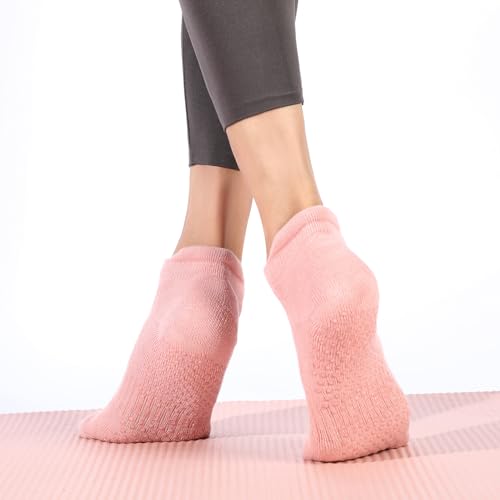 Non-Slip Pilates Socks with Grips - Cotton Yoga Barre Socks - Grey/Black/Pink