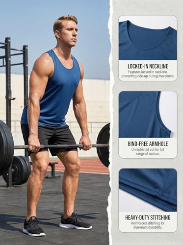 Men's Workout Mesh Tank Tops - Sleeveless Gym Shirts, 4 Pack - Black/Charcoal Gray/Gray White/Blue, Large
